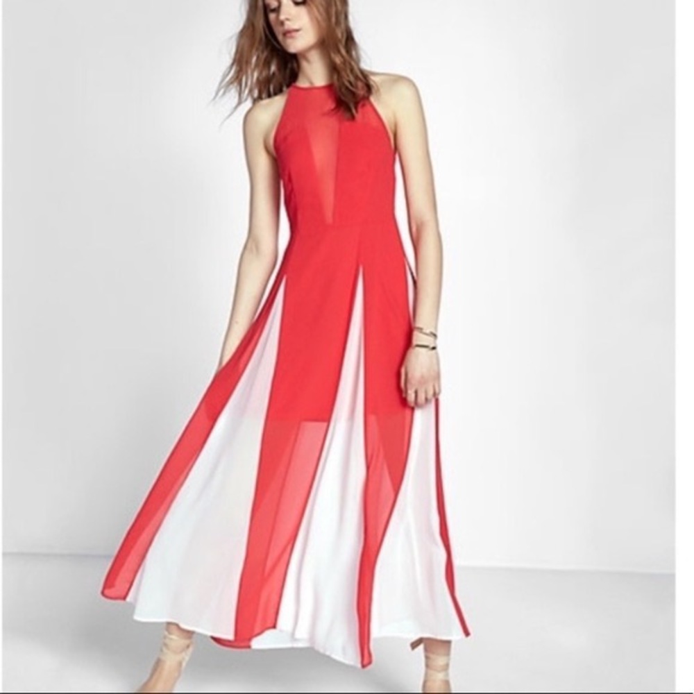 Express Red and White Halter MIDI Dress Sz 2 NWT Sheer Inset